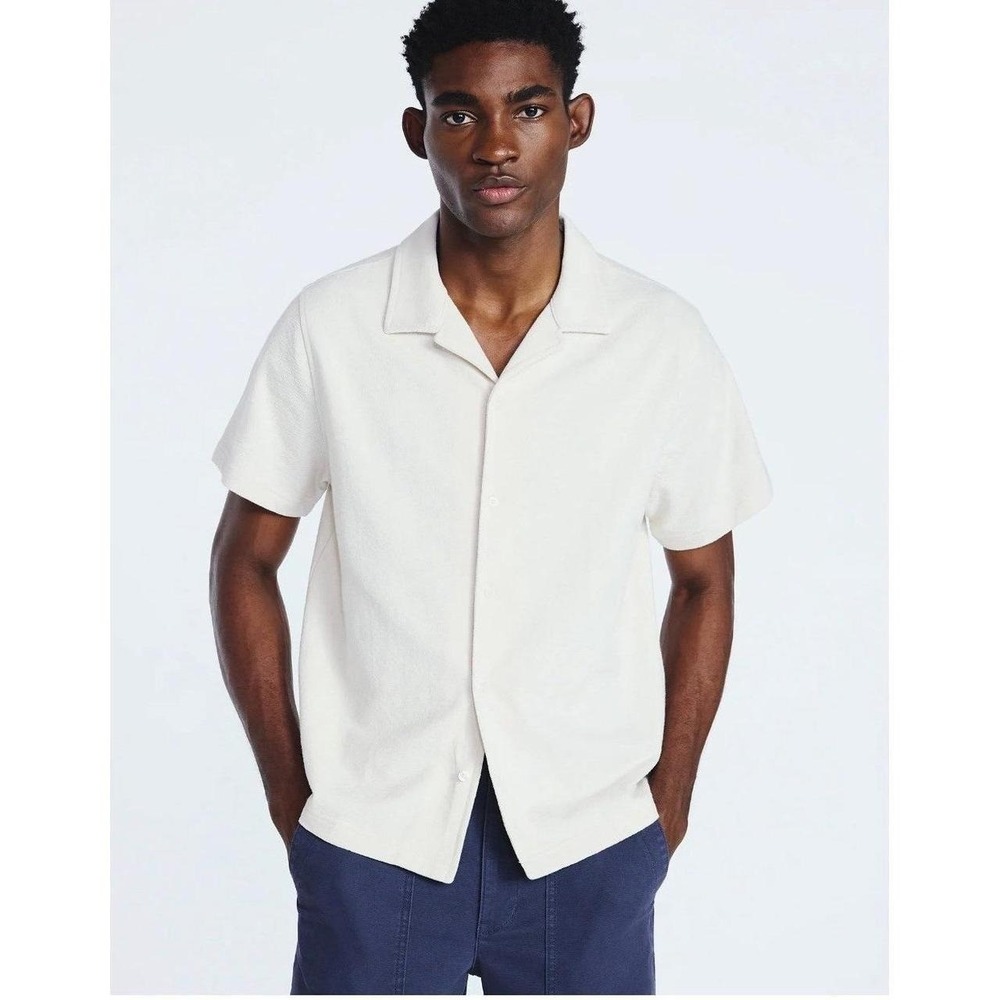 New Men's Textured Cotton Camp Shirt with Short Sleeves, Size 2XL